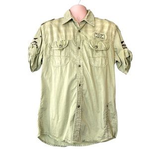 Mens short sleeve light green striped shabby chic shirt, XXL